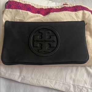 Tory Burch Black Leather Logo Clutch